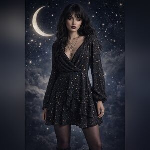 Celestial Moon & Star Mini Dress ✨ Black Whimsigoth Witchy Tie Back Ruffle